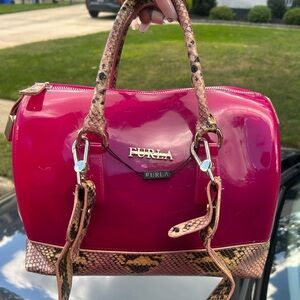 Furla Fuchsia and Snake Print Satchel